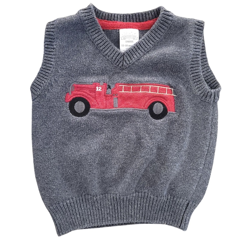 Gymboree Boys Gray Fire Truck Cotton Knit Sweater Vest‎ 12-18 Months Dressed Up